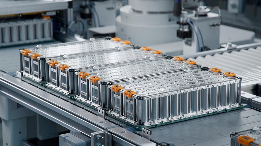 Battery modules moving along an automated production line