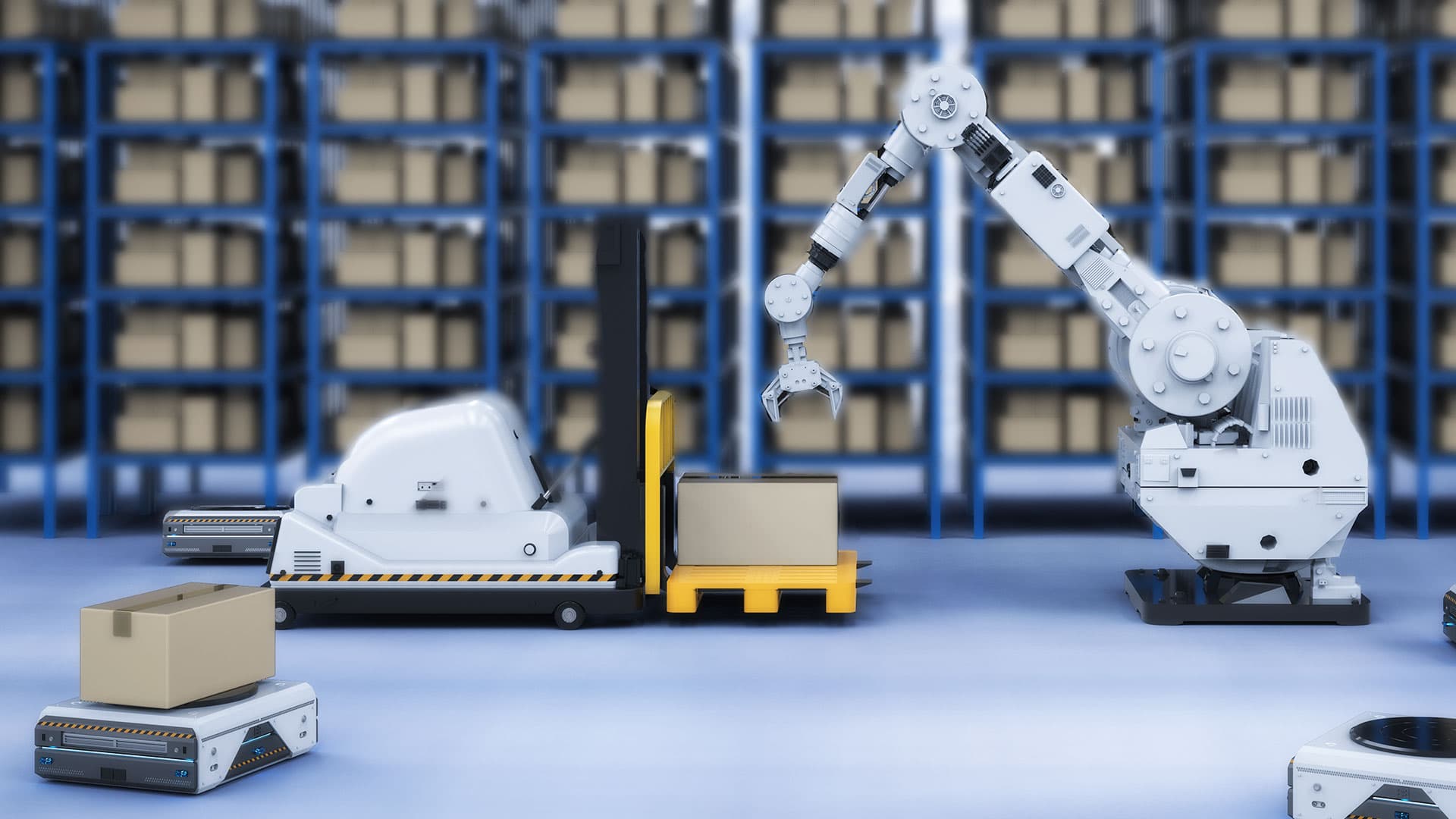 Industrial robot arms and automated guided vehicles in a warehouse