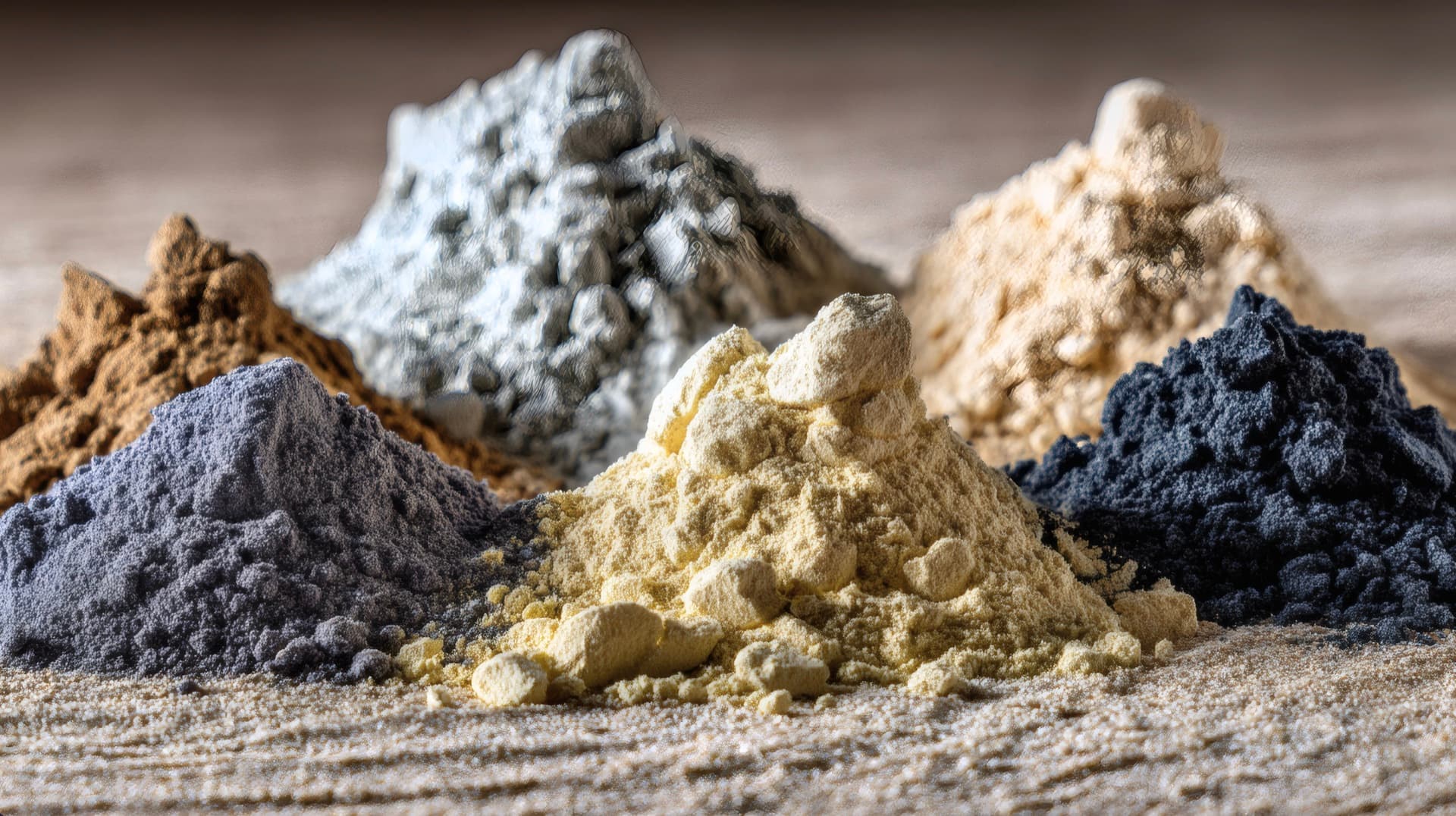 Piles of processed mineral powders in different colours