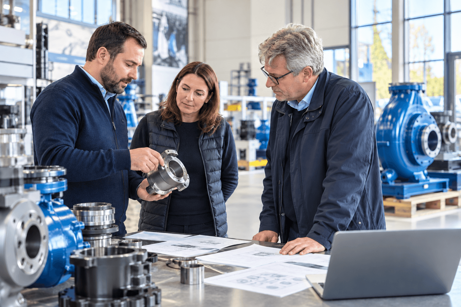Industrial commercial team discussing a machine component and technical documents