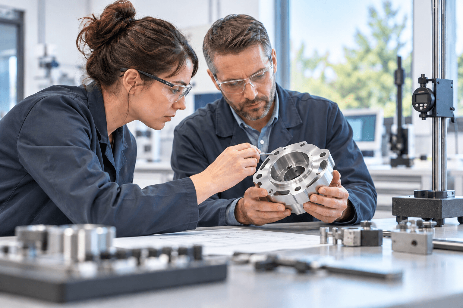 Engineers examining a precision component in a product testing laboratory